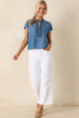 Blue Skies Ahead Chambray Blue Embroidered Top