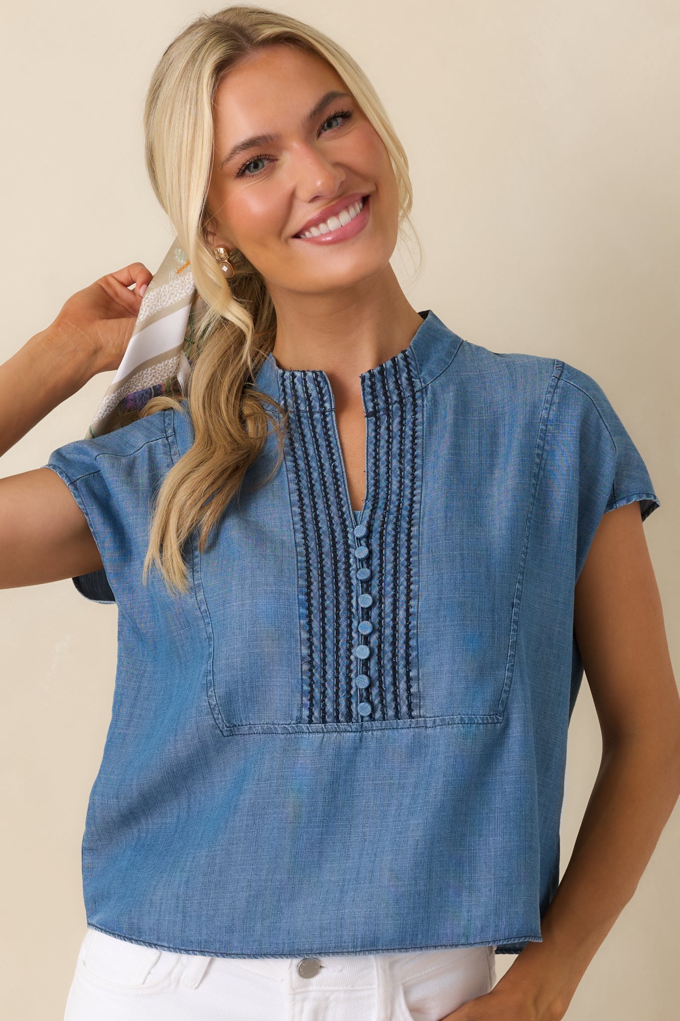 Blue Skies Ahead Chambray Blue Embroidered Top