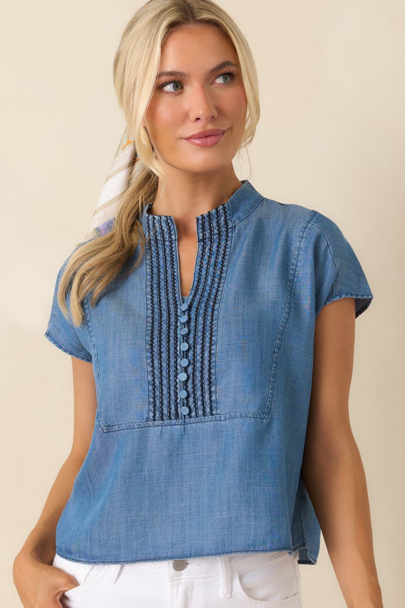 Blue Skies Ahead Chambray Blue Embroidered Top