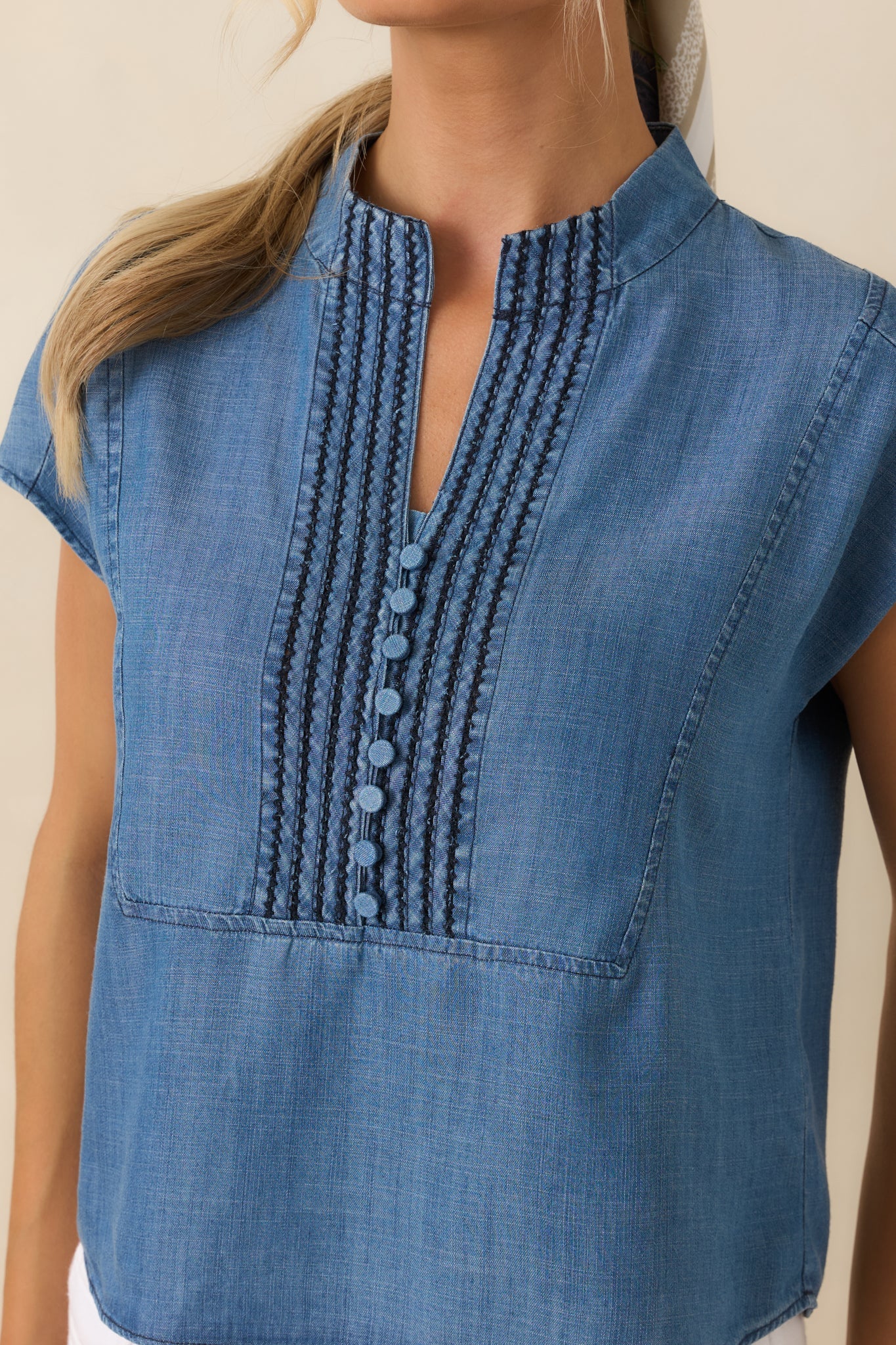 Blue Skies Ahead Chambray Blue Embroidered Top