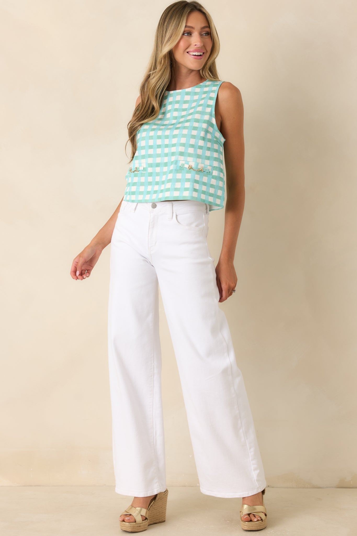 Cool As Can Be Aqua Blue & Mint Gingham Cotton Sleeveless Top
