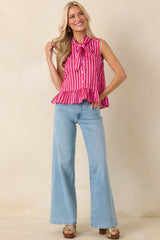 Tied Up Cute Pink & Red Cotton Stripe Button Front Top