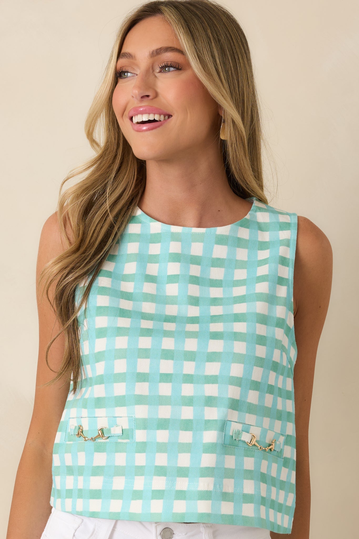 Cool As Can Be Aqua Blue & Mint Gingham Cotton Sleeveless Top