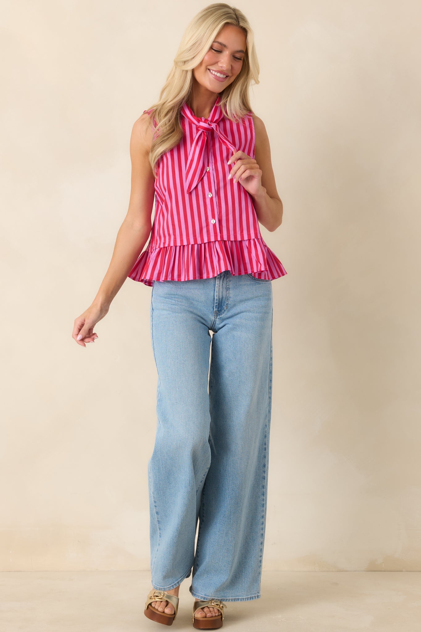 Tied Up Cute Pink & Red Cotton Stripe Button Front Top