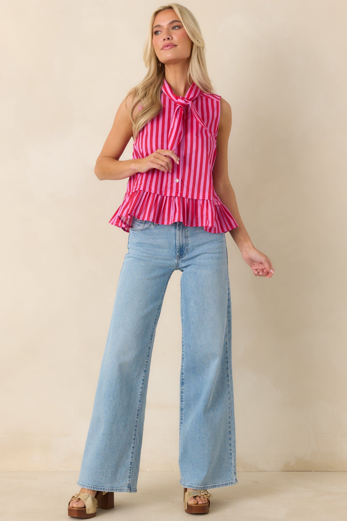 Tied Up Cute Pink & Red Cotton Stripe Button Front Top