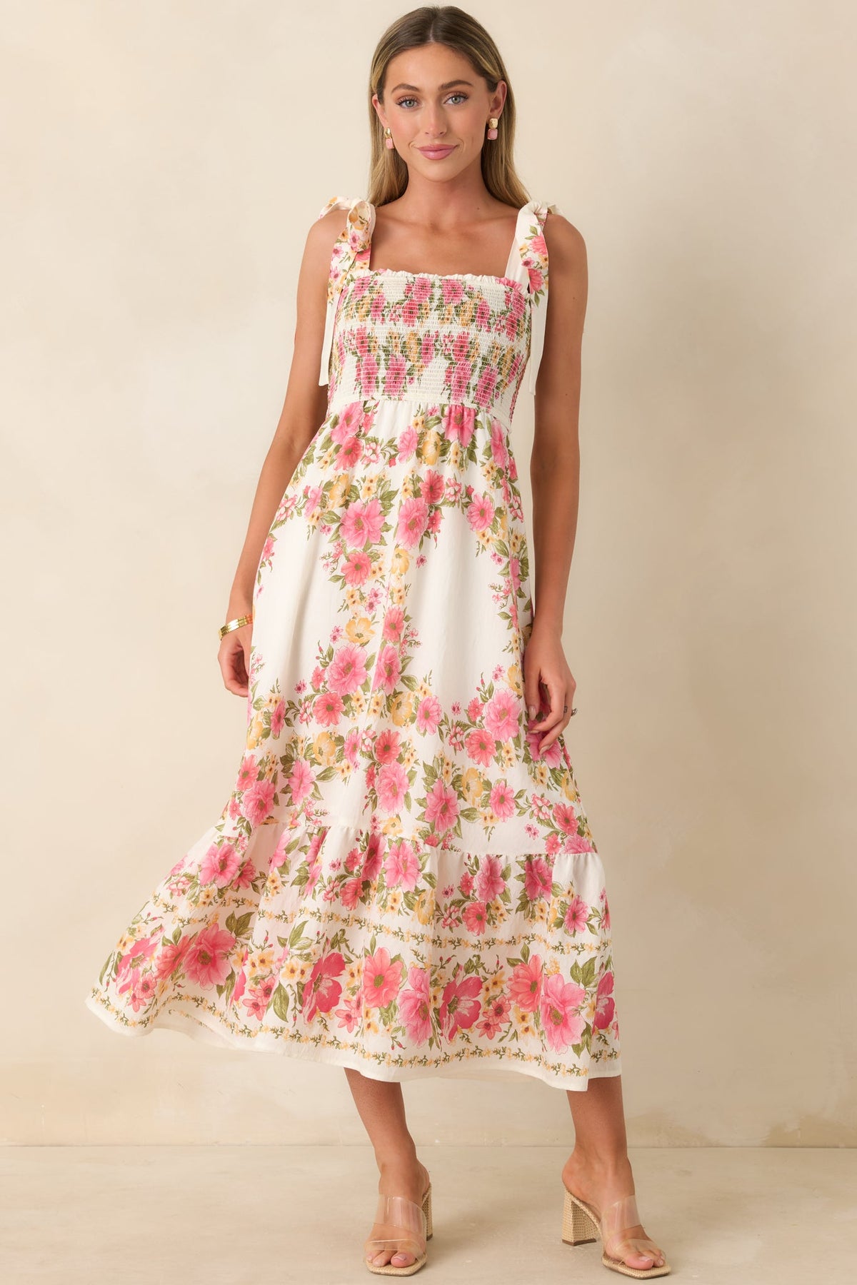 Flower Girl Energy Pink Multi Floral Smocked Tie Strap Midi Dress