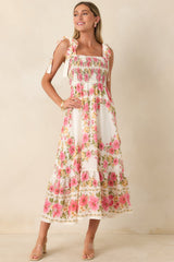 Flower Girl Energy Pink Multi Floral Smocked Tie Strap Midi Dress