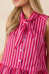 Tied Up Cute Pink & Red Cotton Stripe Button Front Top