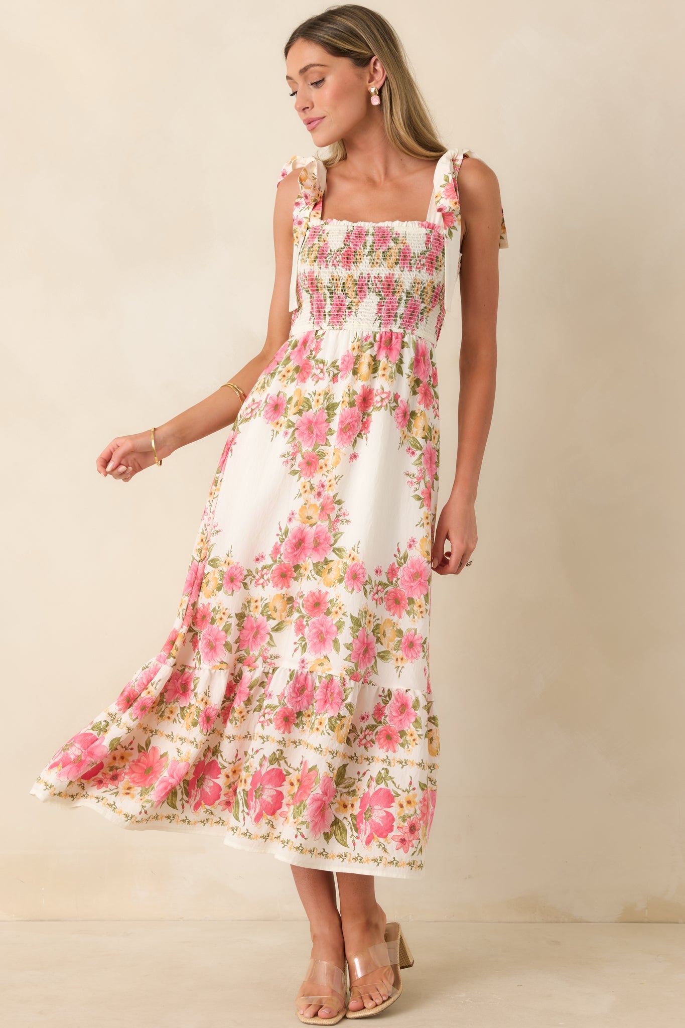 Flower Girl Energy Pink Multi Floral Smocked Tie Strap Midi Dress