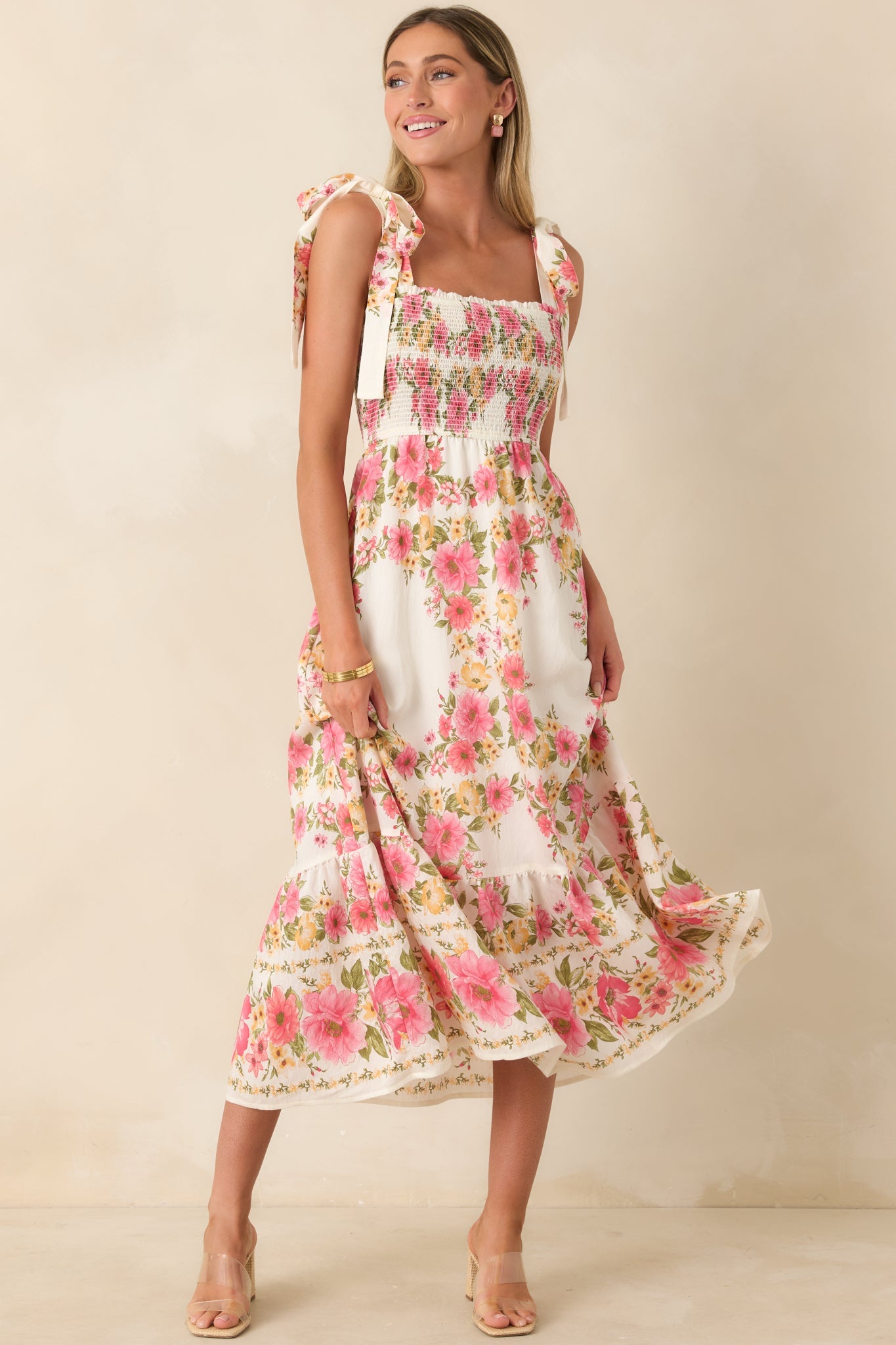 Flower Girl Energy Pink Multi Floral Smocked Tie Strap Midi Dress