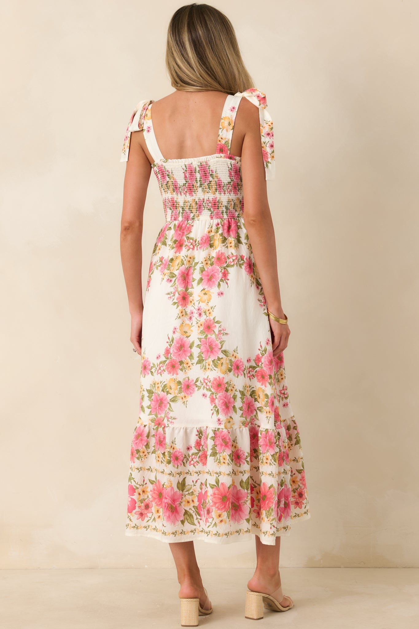 Flower Girl Energy Pink Multi Floral Smocked Tie Strap Midi Dress
