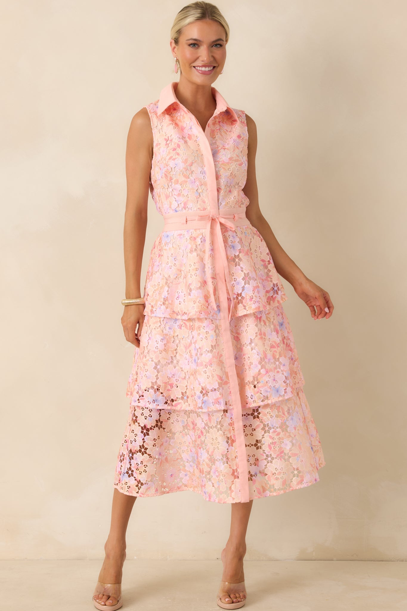 Blush Garden Pink Multi Floral Lace Midi Dress