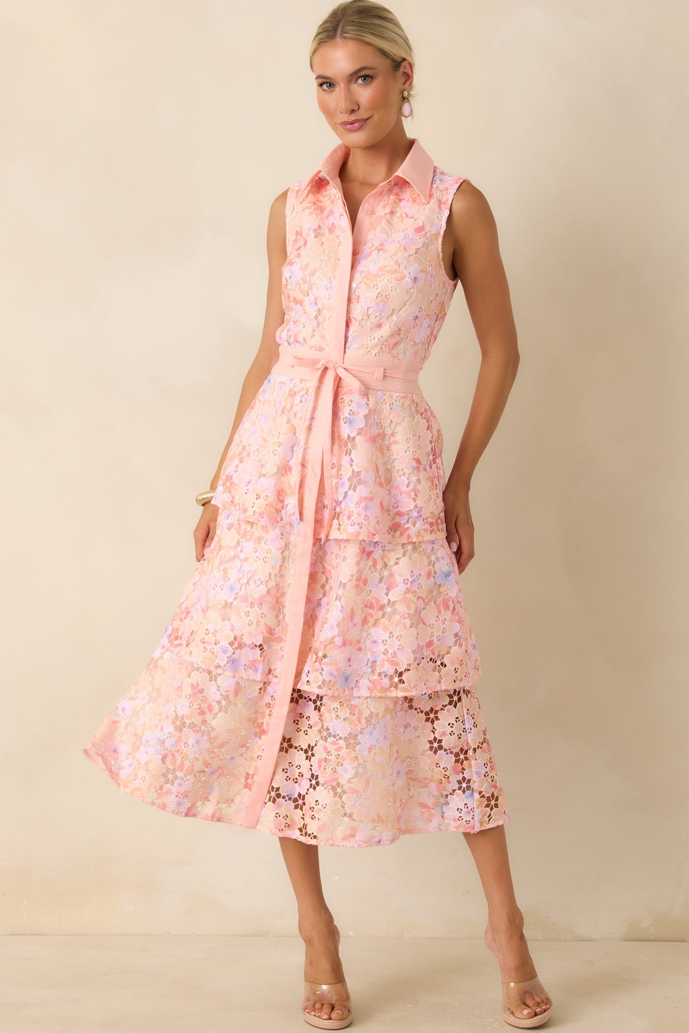 Blush Garden Pink Multi Floral Lace Midi Dress