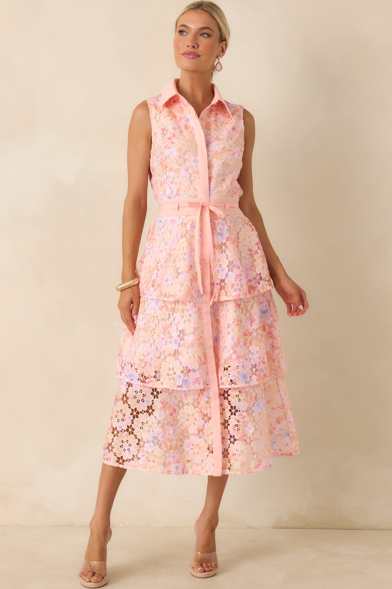 Blush Garden Pink Multi Floral Lace Midi Dress
