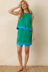 Paradisa Corsica Green & Blue Contrast Scalloped Hem Top