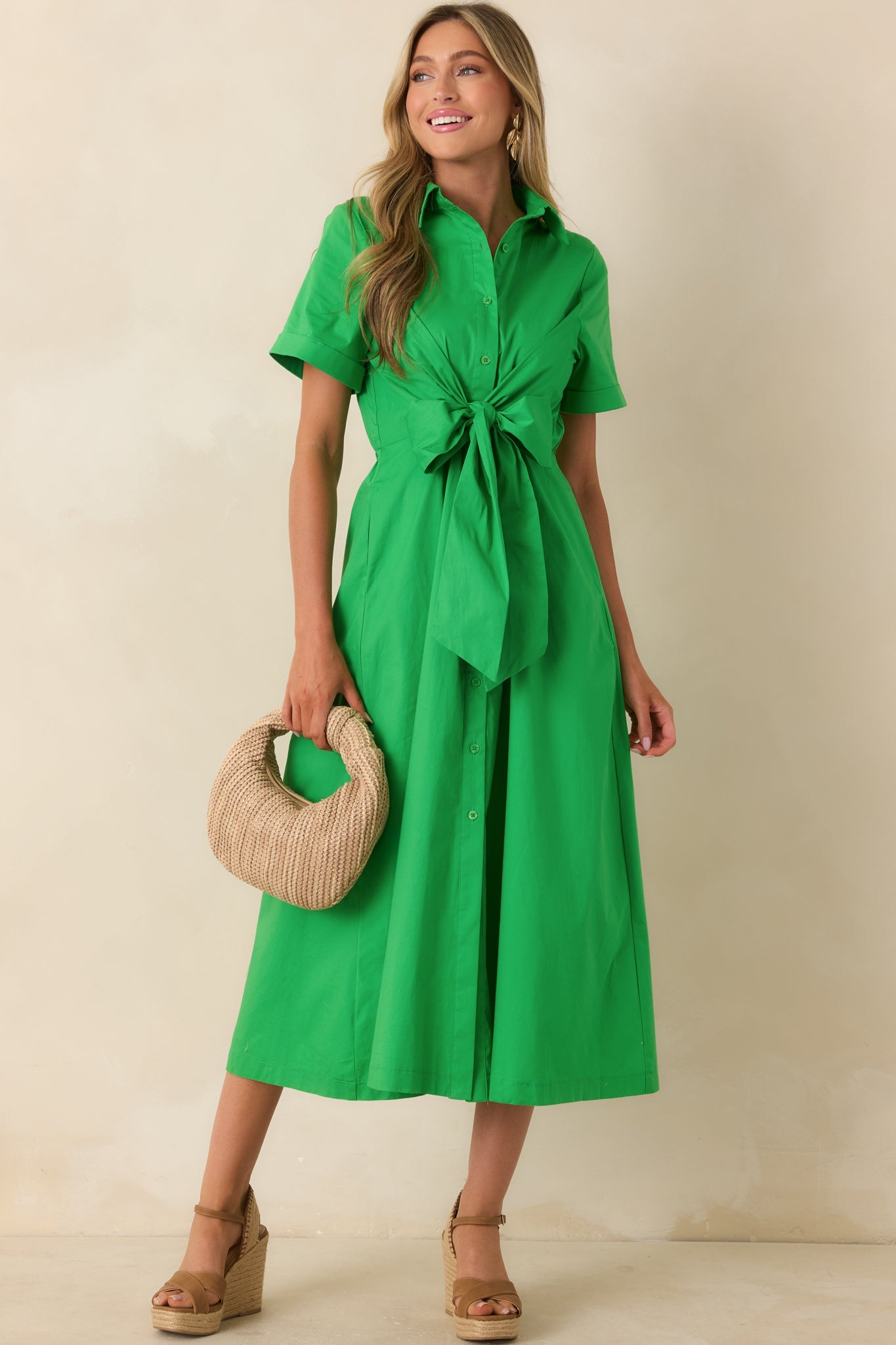 Good To See You Green Cotton Bow Midi Shirt Dress