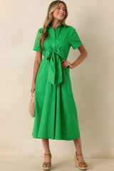 Good To See You Green Cotton Bow Midi Shirt Dress