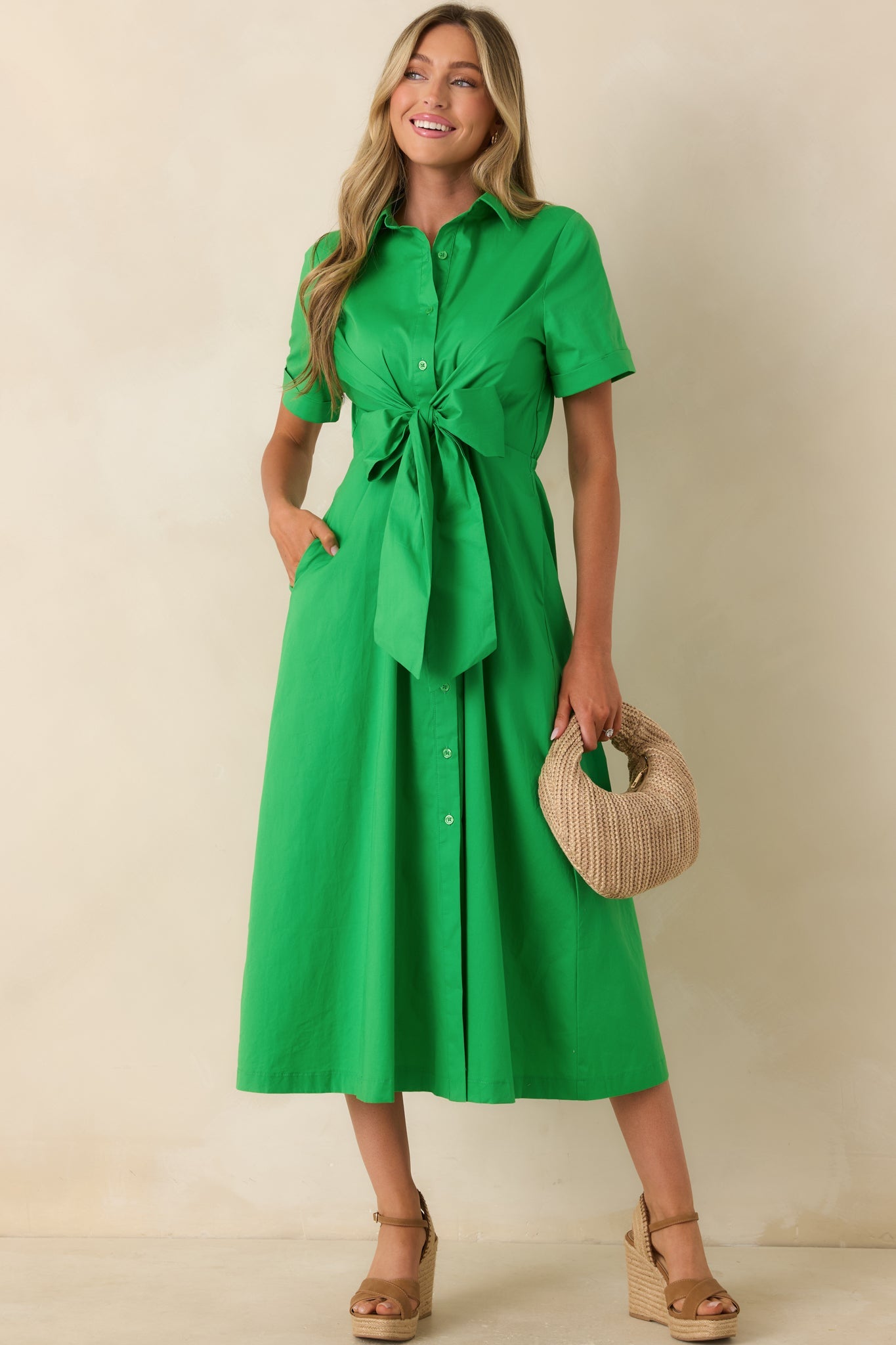 Good To See You Green Cotton Bow Midi Shirt Dress