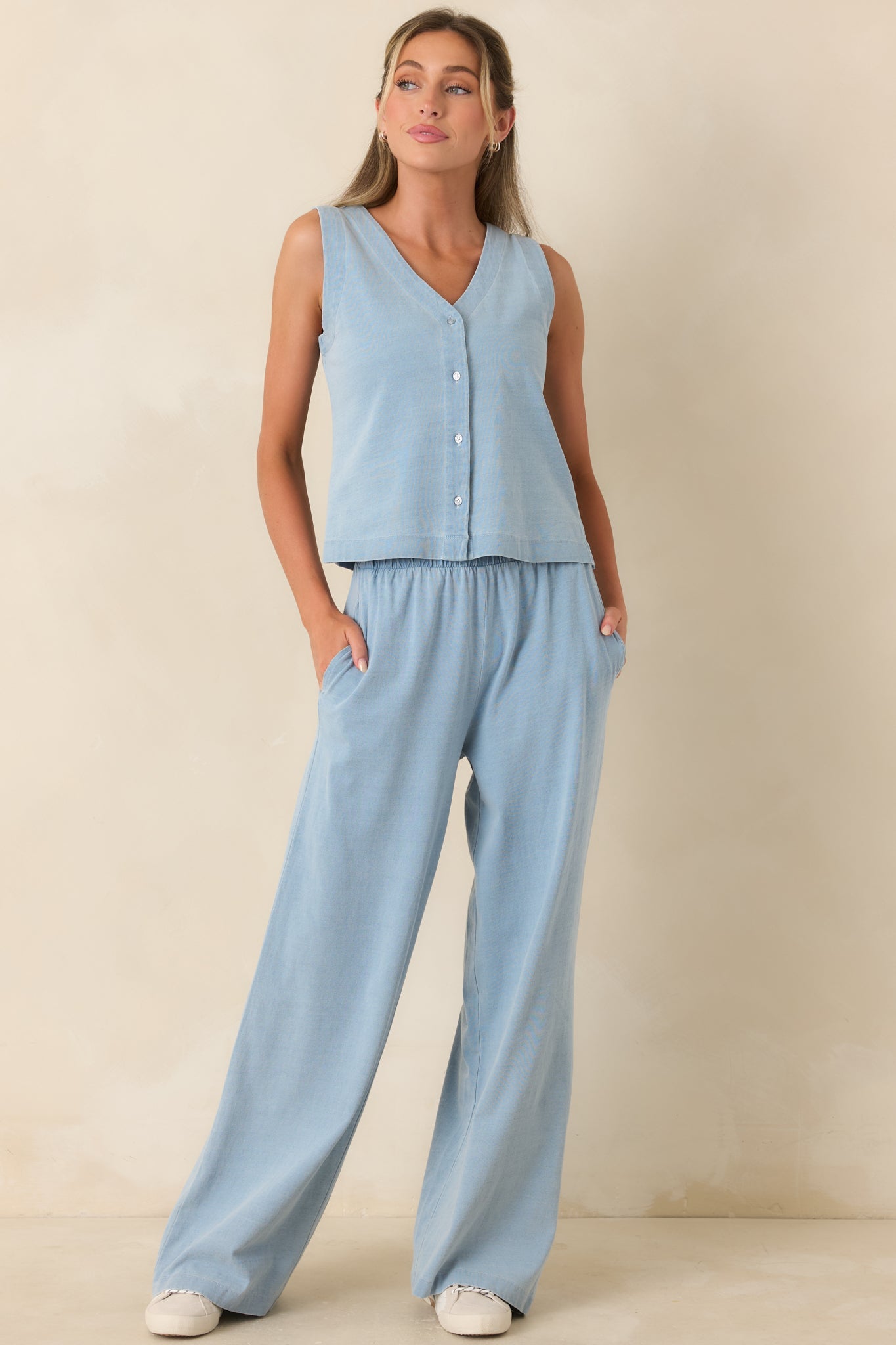 Casual Company Light Denim Blue Cotton Button Front Tank Top