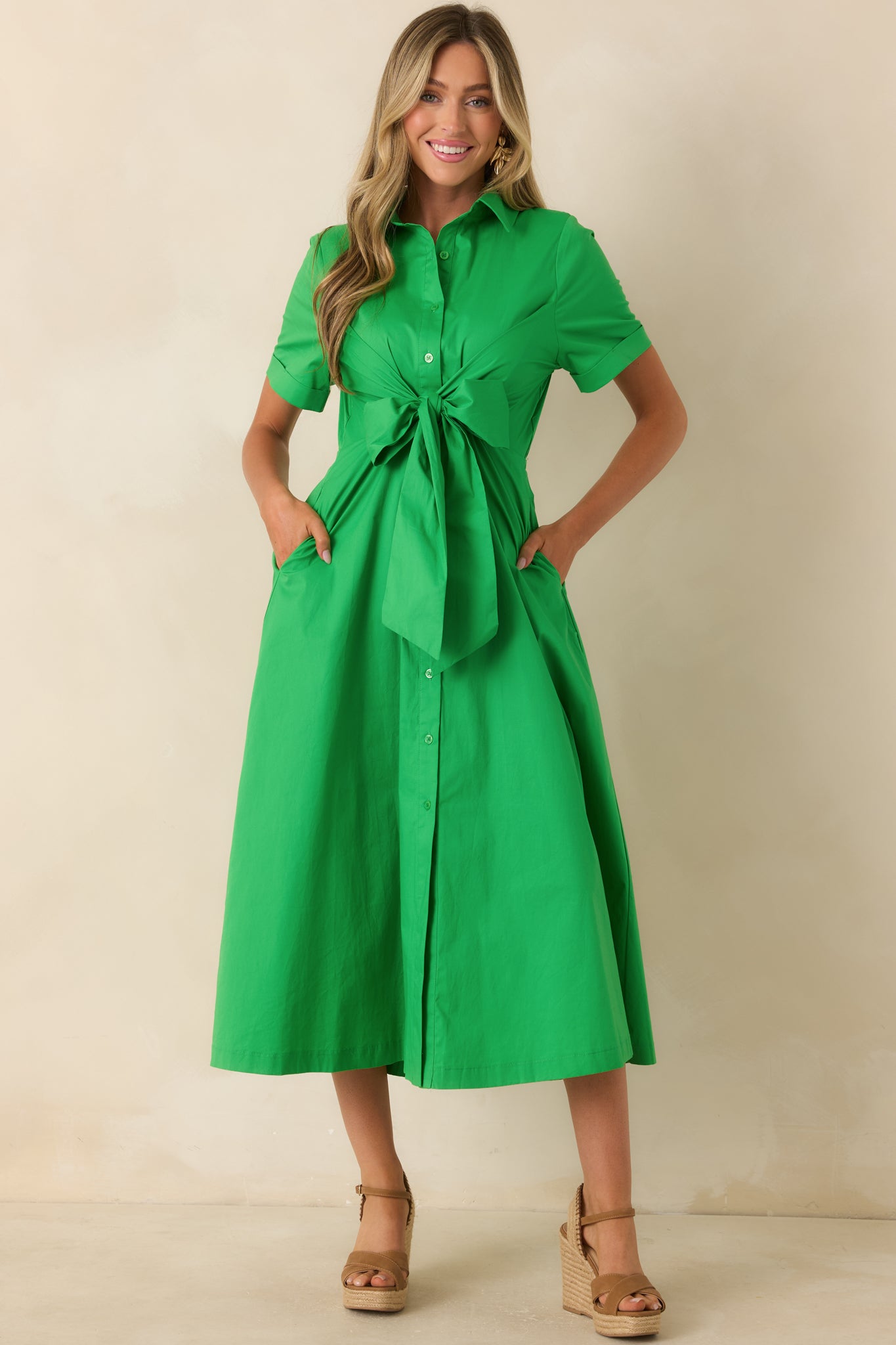 Good To See You Green Cotton Bow Midi Shirt Dress