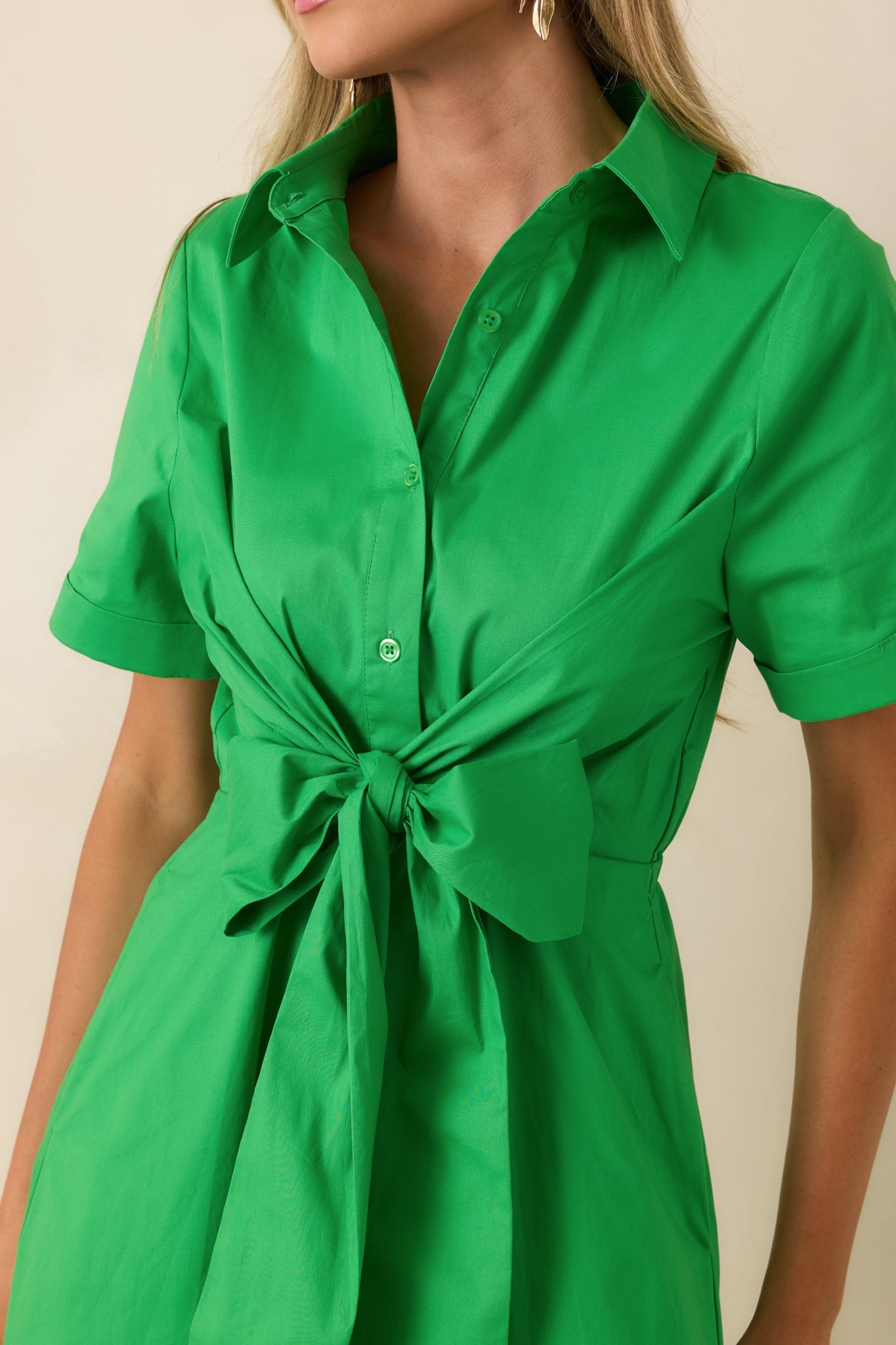 Good To See You Green Cotton Bow Midi Shirt Dress