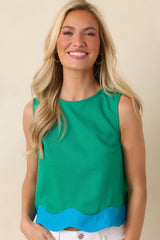 Paradisa Corsica Green & Blue Contrast Scalloped Hem Top