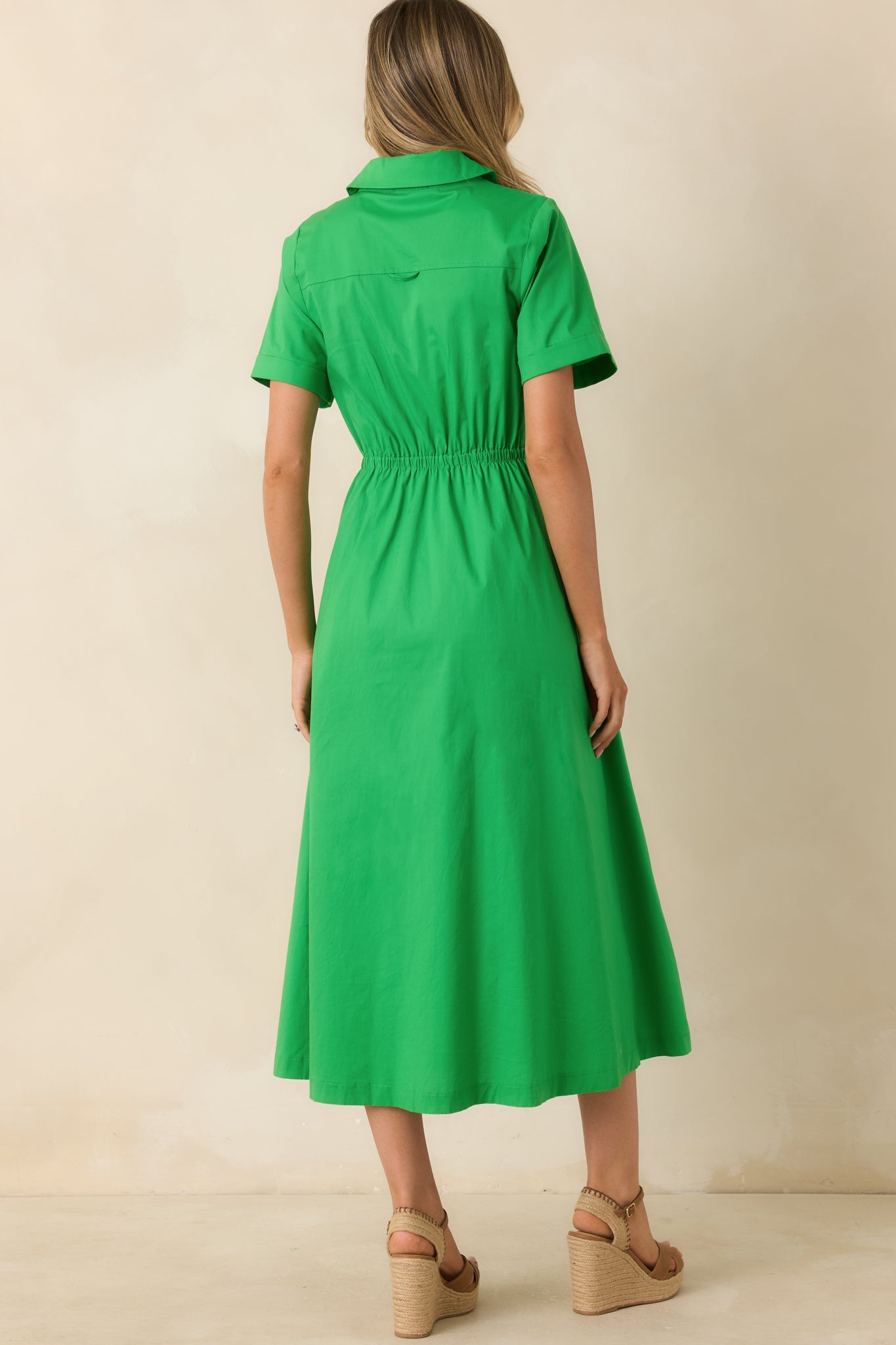 Good To See You Green Cotton Bow Midi Shirt Dress