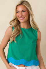 Paradisa Corsica Green & Blue Contrast Scalloped Hem Top