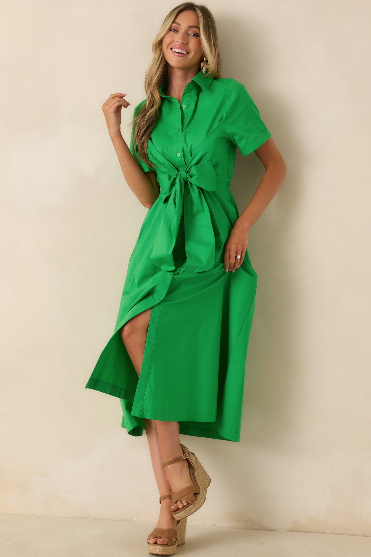 Good To See You Green Cotton Bow Midi Shirt Dress