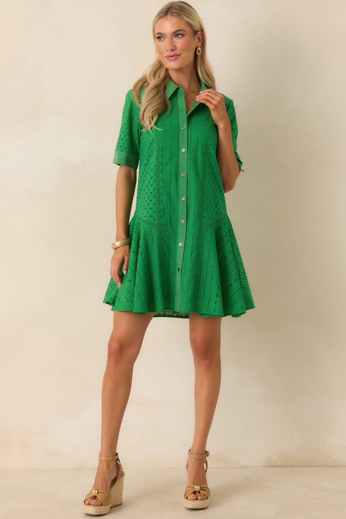 What A Treat Green Cotton Eyelet Mini Dress