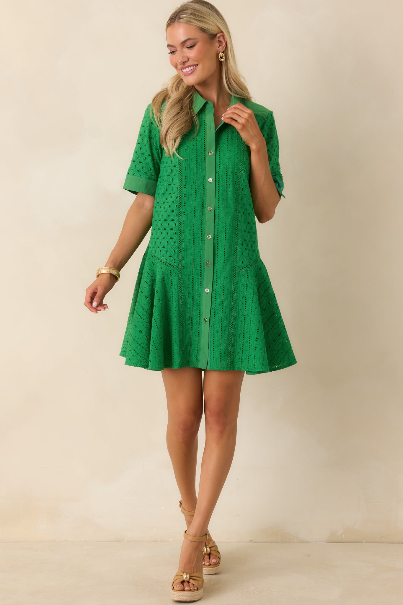What A Treat Green Cotton Eyelet Mini Dress