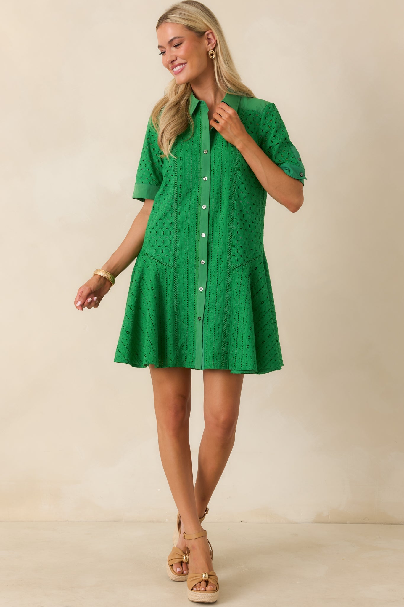 What A Treat Green Cotton Eyelet Mini Dress