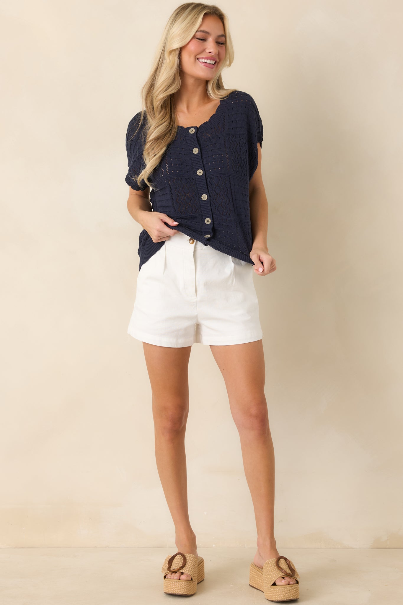 Open to It Navy Knit Cotton Short Sleeve Cardigan