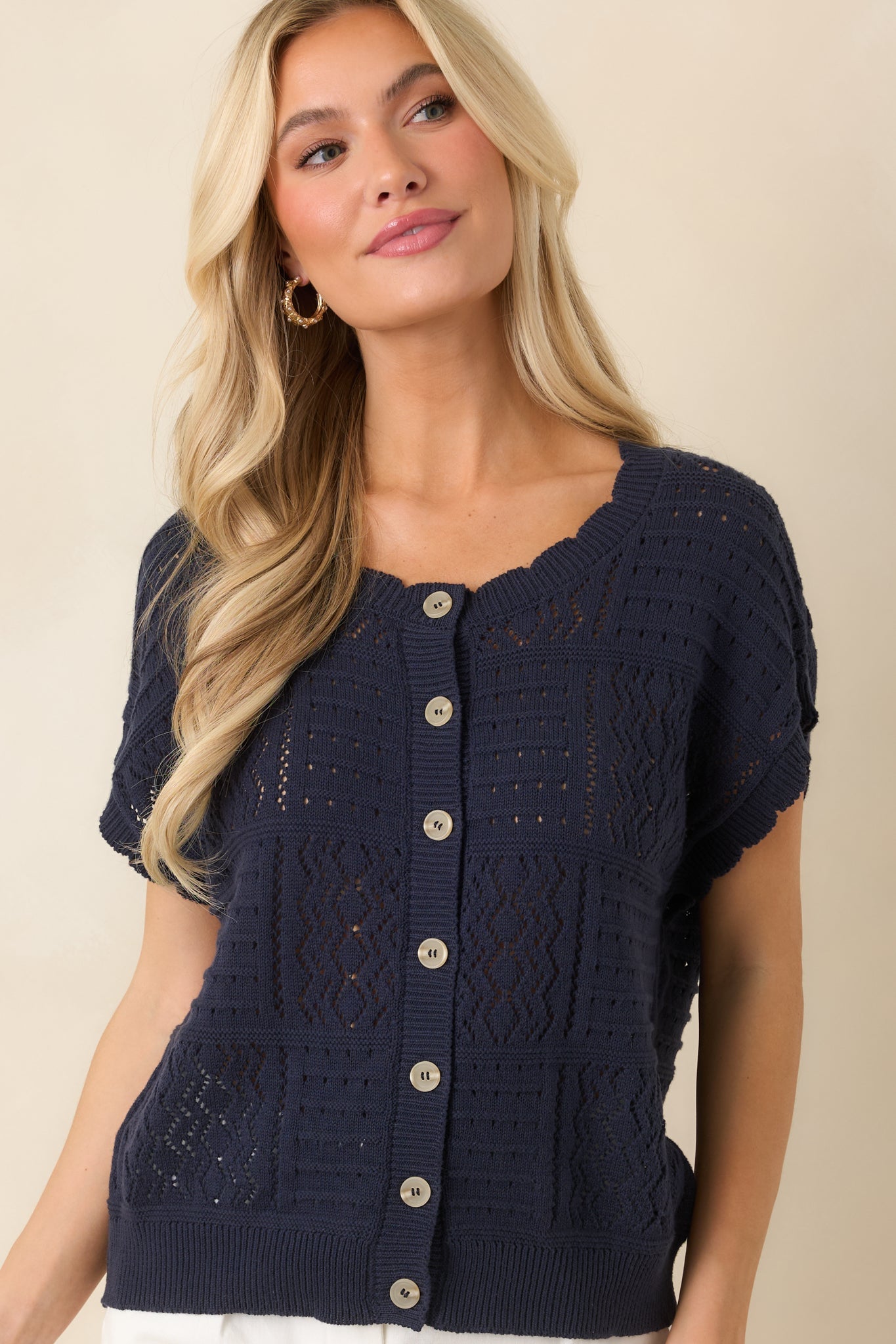 Open to It Navy Knit Cotton Short Sleeve Cardigan