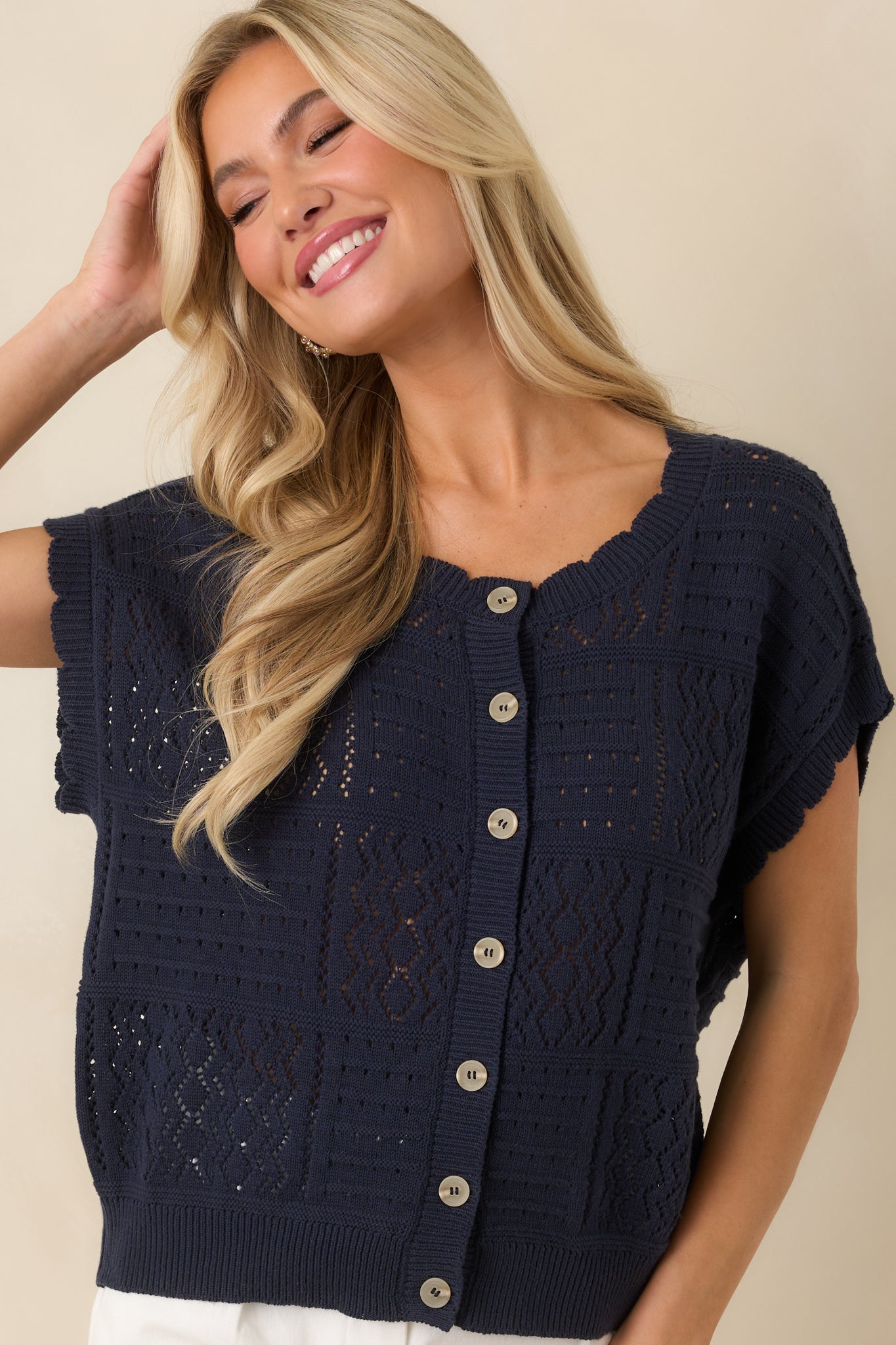 Open to It Navy Knit Cotton Short Sleeve Cardigan
