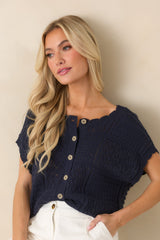 Open to It Navy Knit Cotton Short Sleeve Cardigan