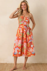 Paradisa Fernandina Orange Multi Cotton Tropical Print Midi Dress