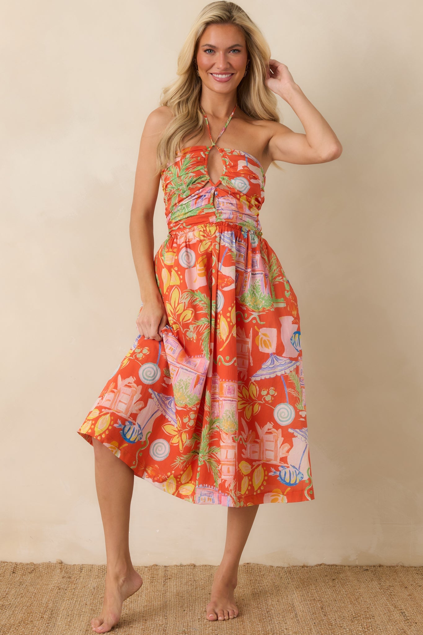 Paradisa Fernandina Orange Multi Cotton Tropical Print Midi Dress