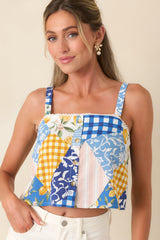 Picnic Plans Blue Multi Patchwork Print Crop Top