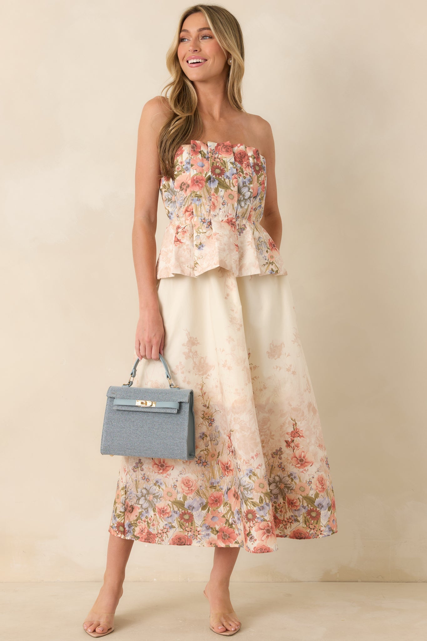 Gathered in Grace Pink Multi Floral Cotton Strapless Midi Dress