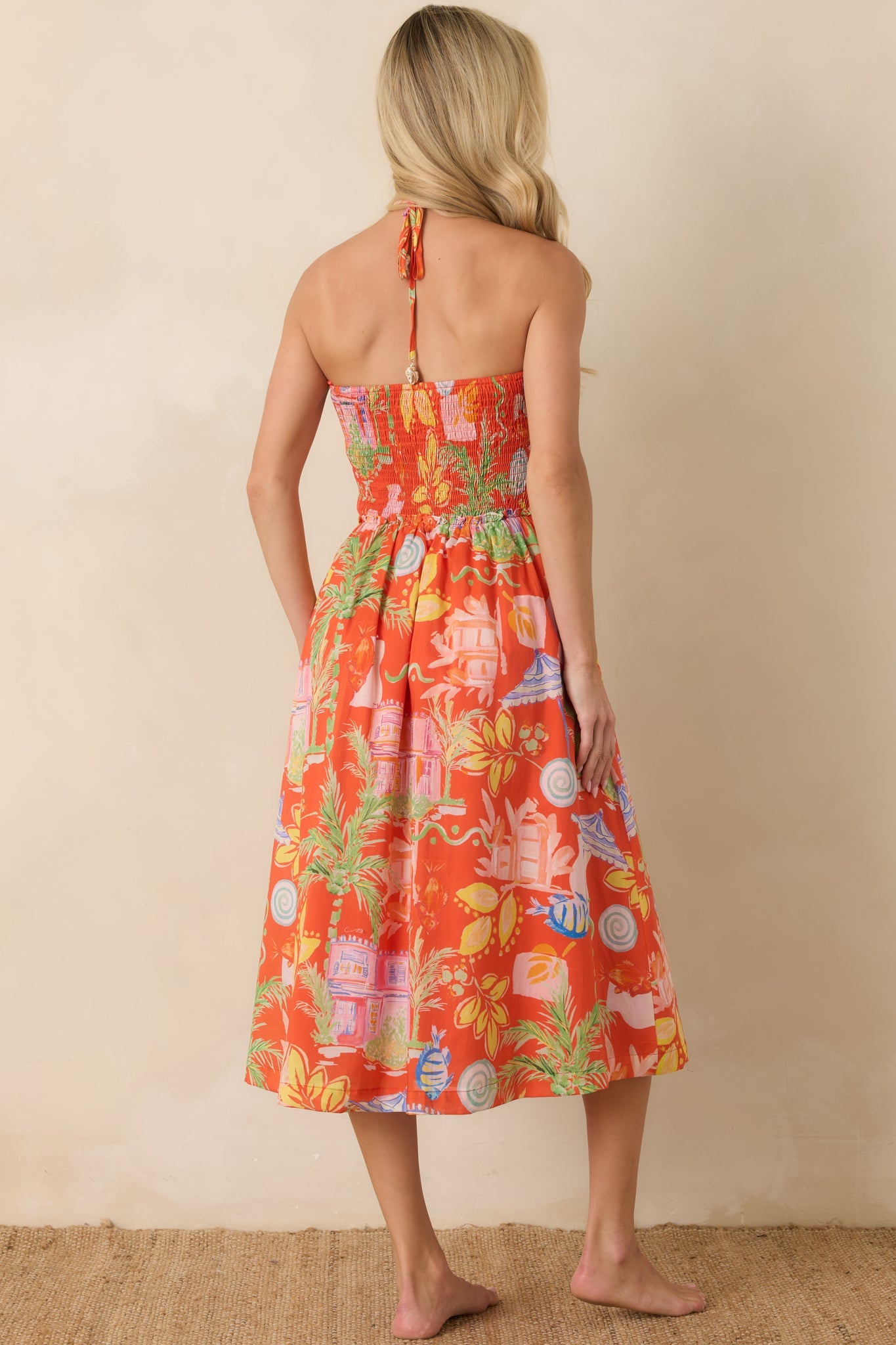 Paradisa Fernandina Orange Multi Cotton Tropical Print Midi Dress