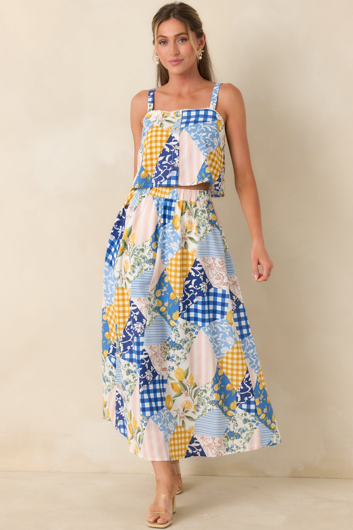 Picnic Plans Blue Multi Patchwork Print Crop Top