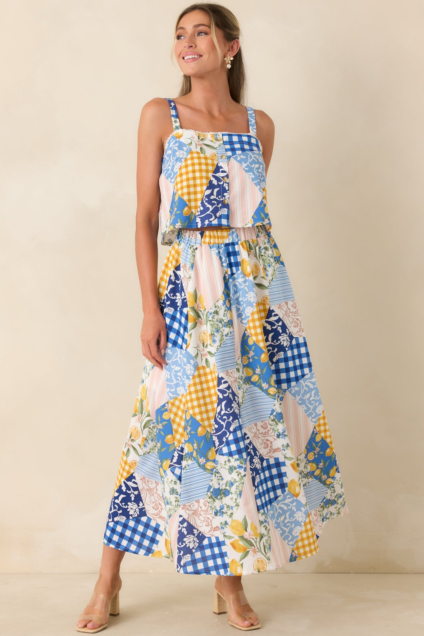 Picnic Plans Blue Multi Patchwork Print Crop Top