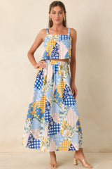 Picnic Plans Blue Multi Patchwork Print Midi Skirt
