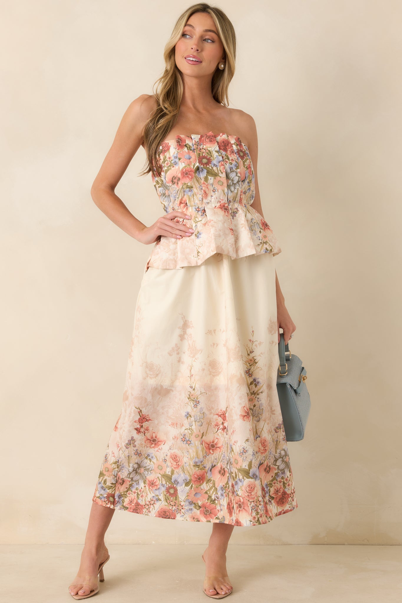 Gathered in Grace Pink Multi Floral Cotton Strapless Midi Dress