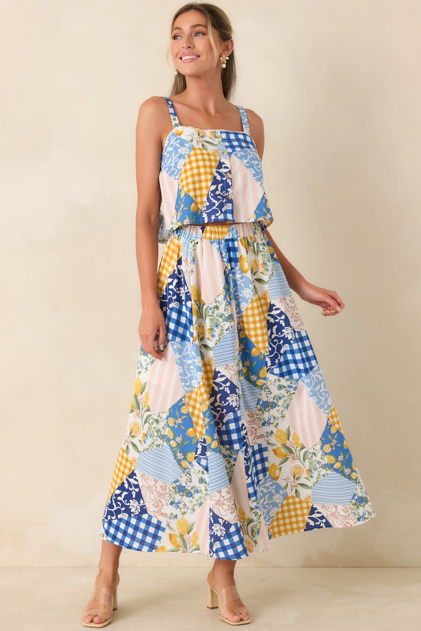 Picnic Plans Blue Multi Patchwork Print Midi Skirt