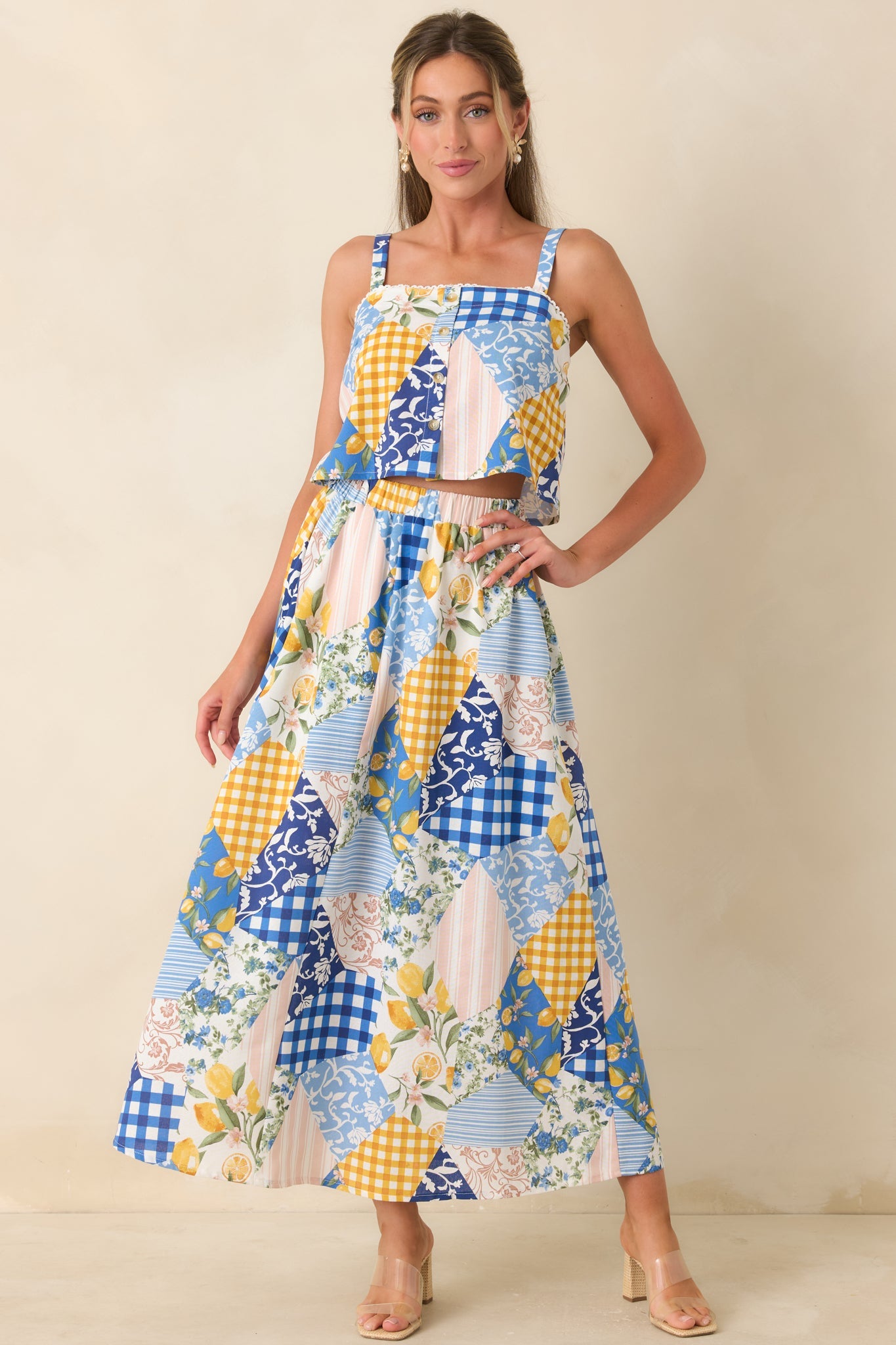 Picnic Plans Blue Multi Patchwork Print Crop Top