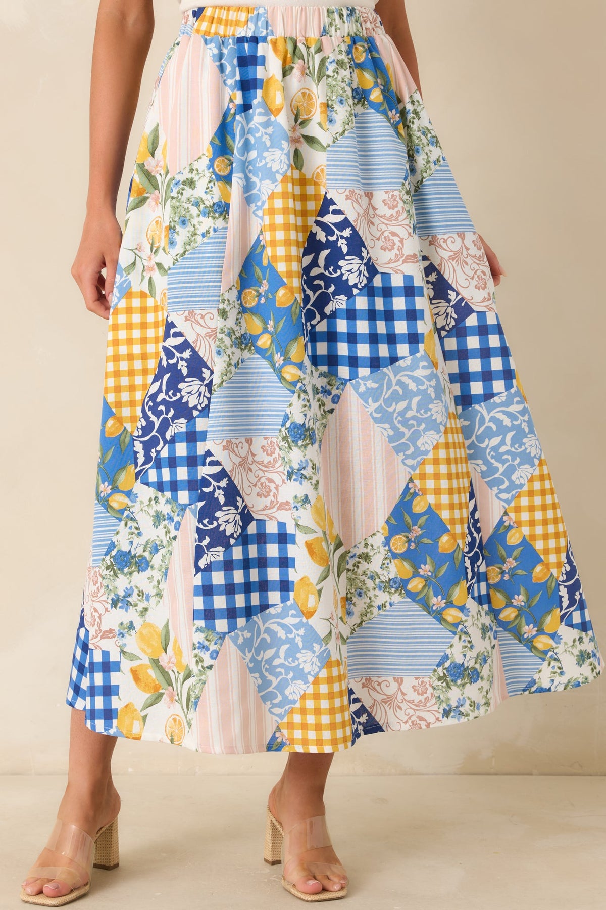Picnic Plans Blue Multi Patchwork Print Midi Skirt