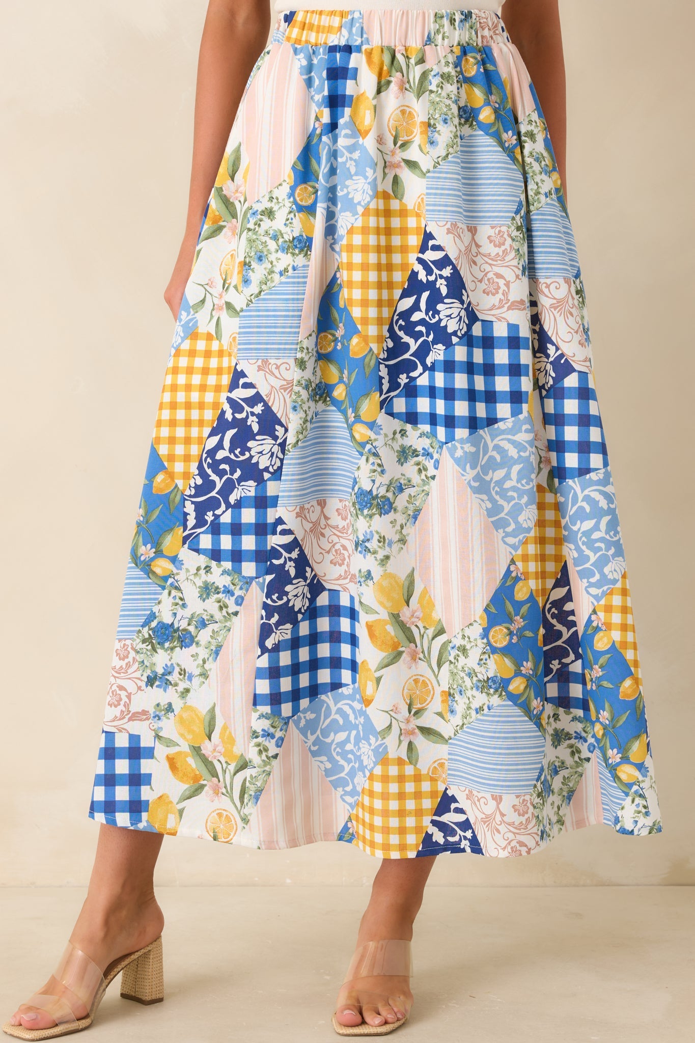 Picnic Plans Blue Multi Patchwork Print Midi Skirt
