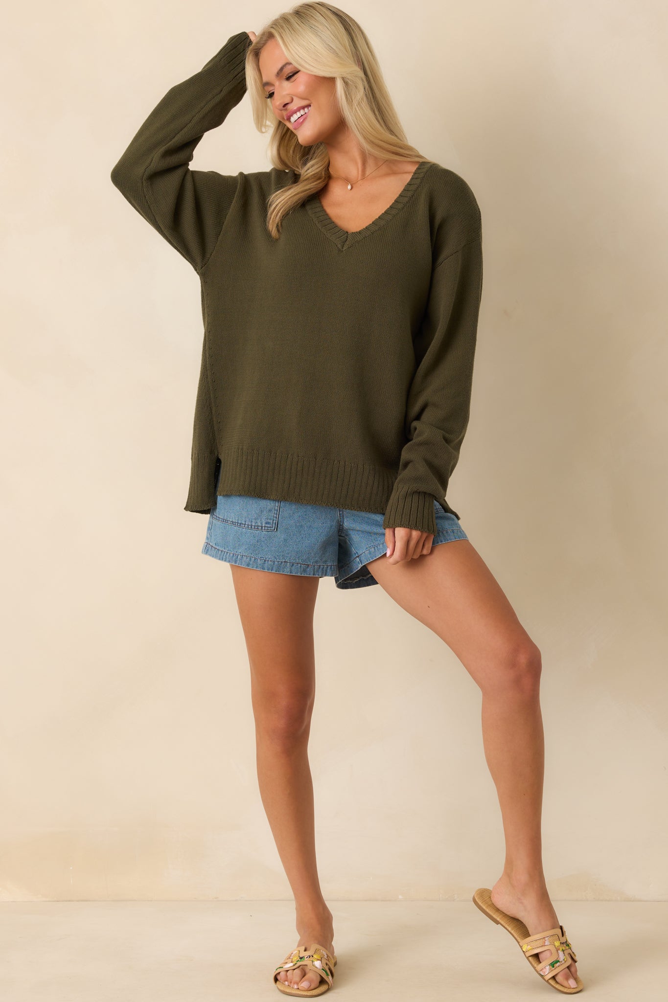 Z Supply Olive Green All Around Cotton V-Neck Sweater